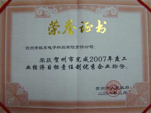 2007年 2007年度工業(yè)經(jīng)濟目賀州市完成標責(zé)任制優(yōu)秀企業(yè)